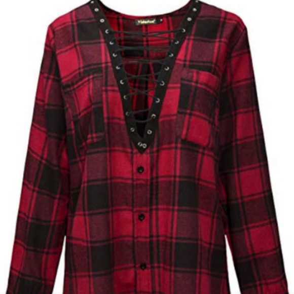 A Twist to a Favorite - Buffalo Check Lace-up Long Sleeve Plaid Shirt size L - Picture 2 of 6